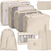 Organizzatori di bagaglio da 10 pezzi per viaggi, kit di organizzazione della valigia, contenitori di imballaggio, set di viaggio impermeabile, per abbigliamento, biancheria intima, scarpe e cosmetici - beige