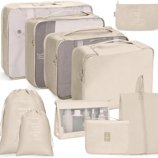Organizzatori di bagaglio da 10 pezzi per viaggi, kit di organizzazione della valigia, contenitori di imballaggio, set di viaggio impermeabile, per abbigliamento, biancheria intima, scarpe e cosmetici - beige