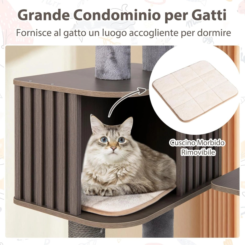 Albero per Gatti a 6 Livelli, Torre per Gatti Alta 151 cm con Condominio, Tappetini Removibili e Tiragraffi, Albero Tiragraffi per Arrampicata per Gattini in Legno con Palla Pompom Appesa