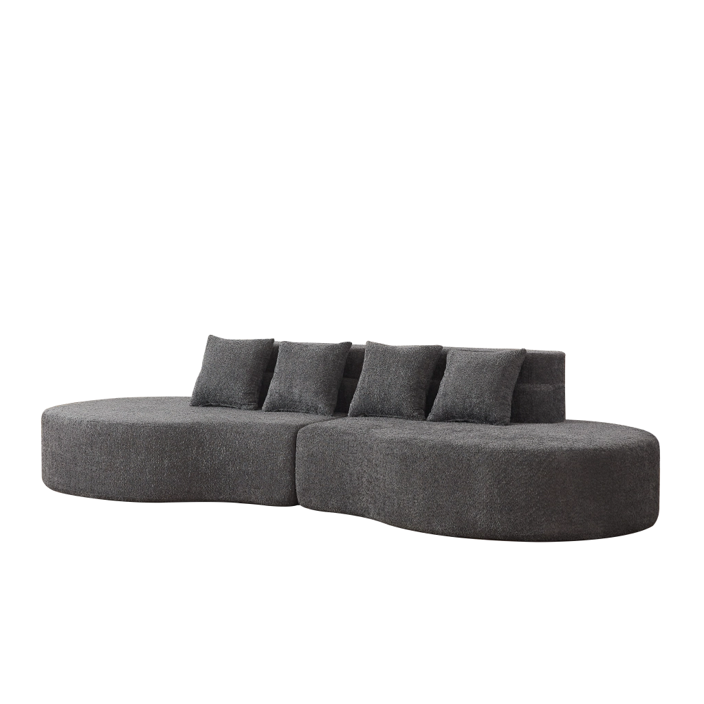 Divano modulare 2 pezzi con schienale a livelli e cuscini in chenille grigio