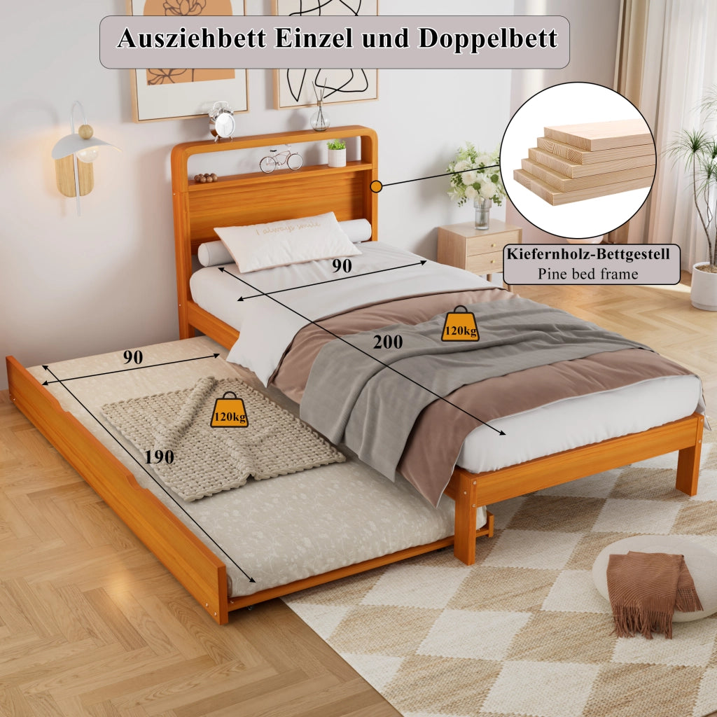 Letto estraibile 90 × 200 cm con letto ospite 90 × 190 cm, montaggio a sinistra o destra, senza materasso, in legno naturale