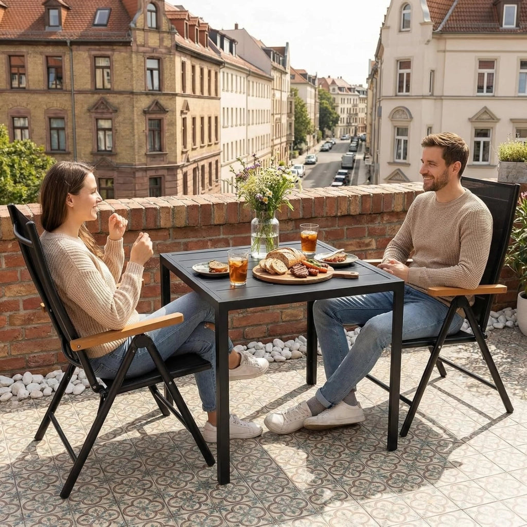 Tavolo da giardino in Alluminio, 75x75 cm Quadrato Tavolo da Esterno in Metallo per Balcone Terrazze, Inossidabile, Resistente Alle Intemperie, Facile da montare, Nero, Ampio Pannello 11 cm