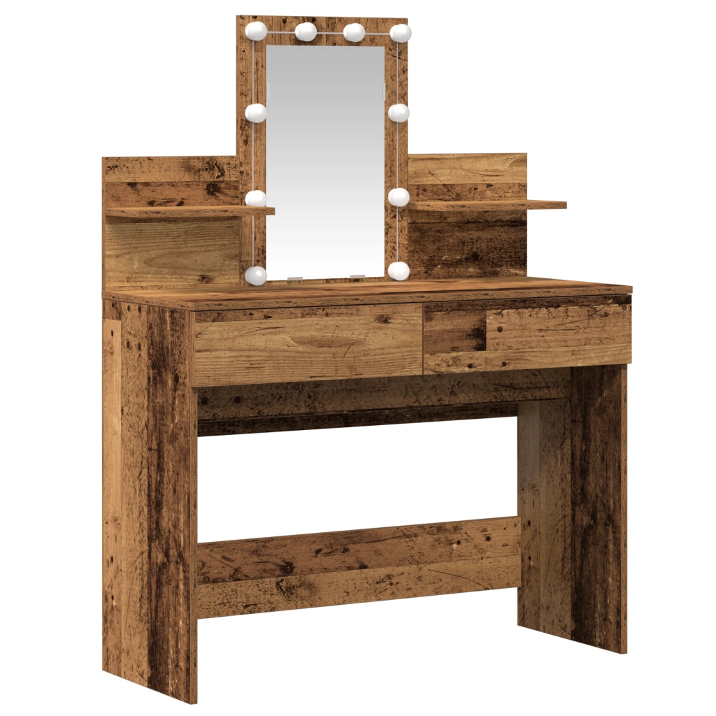 Tavolo da trucco con specchio e luci LED in legno vecchio e legno ingegnerizzato