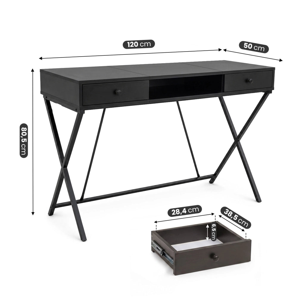 Scrivania PC industriale Nero CROSSLINE 120 cm 2 cassetti 1 ripiano gambe nere