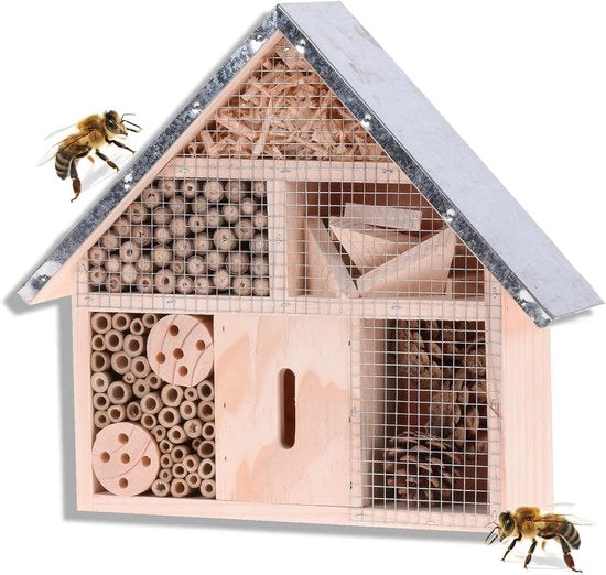 Bee Hotel in Legno con Copertura Metallica - 295 x 88 x 28 cm (l x b x h) per Giardino e Corte
