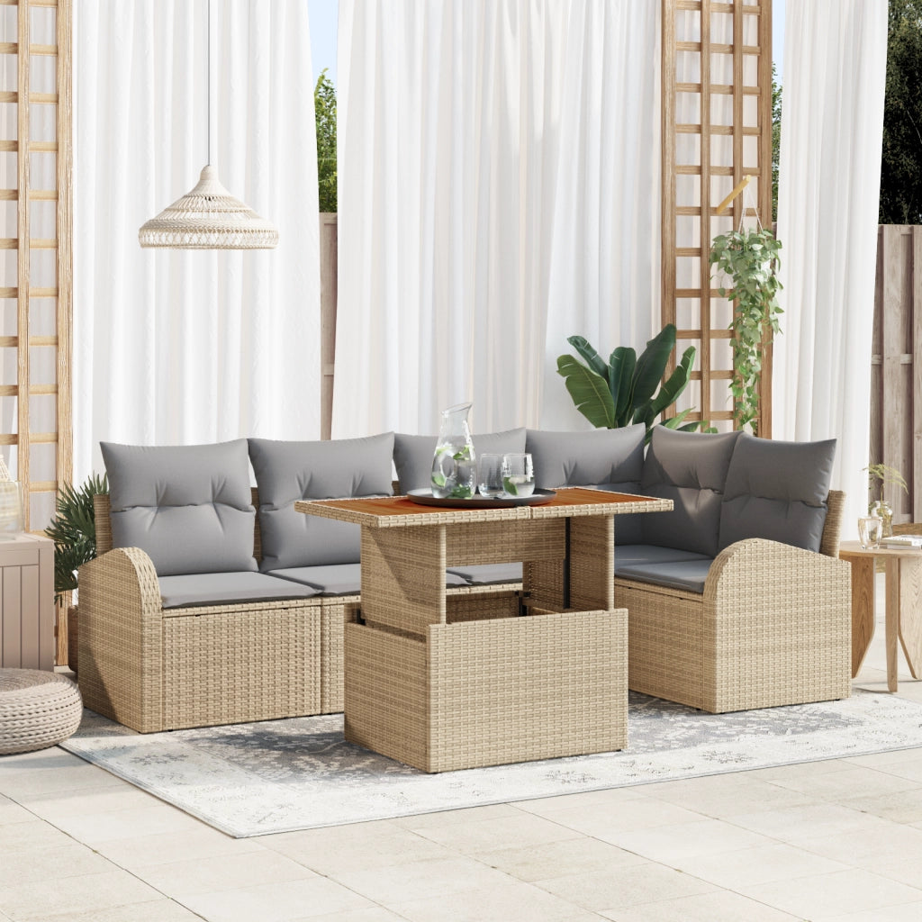 Set Divani da Giardino 6 Pezzi con Cuscini Beige Rattan Polimerico