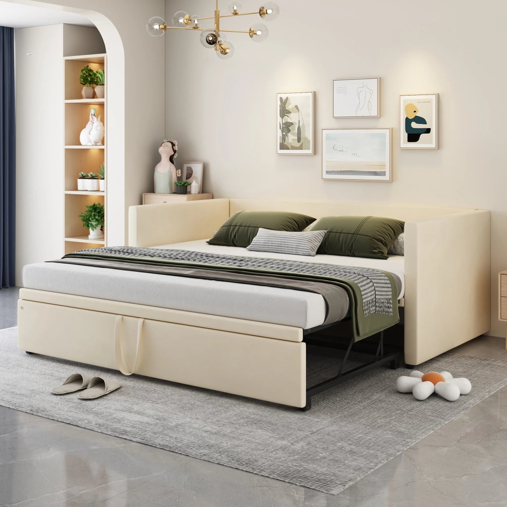 Letto estraibile imbottito 90 × 200 cm e 180 × 200 cm con rete, senza materasso, in velluto beige