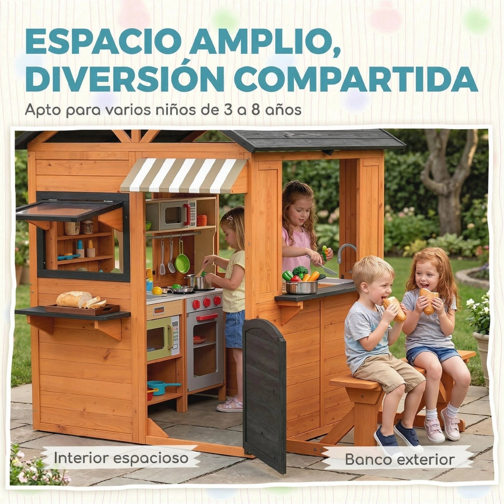 Casetta bambini in legno con cucina giocattolo e panchina ¨C zephmum ¨C marrone