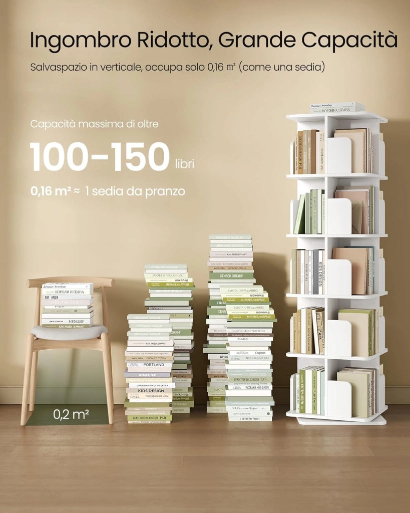 Libreria Girevole a 5 Livelli, Libreria Alta e Stretta, Scaffale d'Angolo a Pavimento, Scaffale Girevole per Libri, Rovere Chiaro