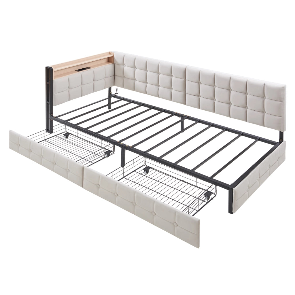 DESMIU Divano letto 90 × 200 cm 1 posto con 2 cassetti, LED, USB e Type-C, senza materasso, in tessuto beige