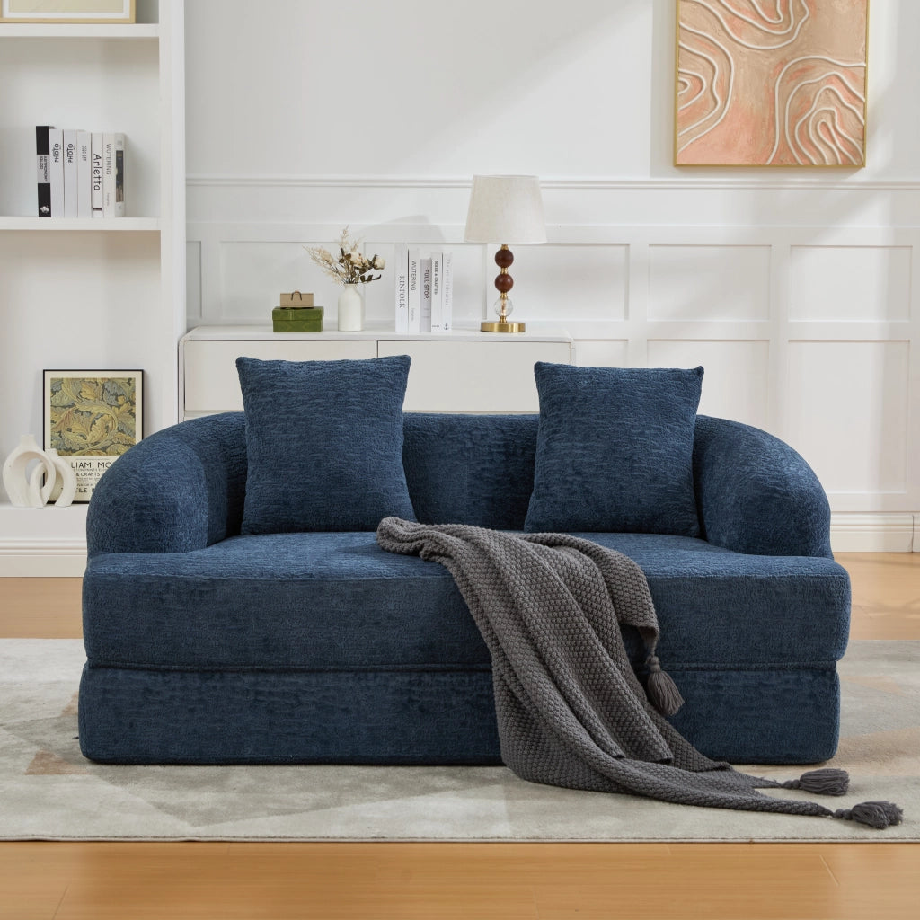 Divano letto 2 posti pieghevole in chenille navy, senza montaggio, con cuscini schienale