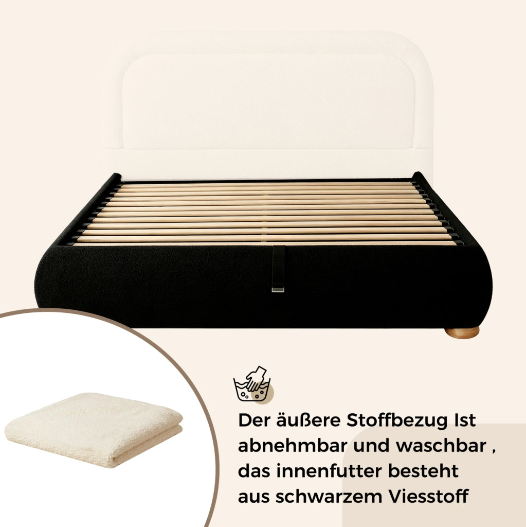 Letto contenitore beige in bouclé con rete a doghe