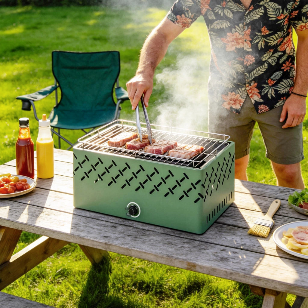 Barbecue Portatile a Carbone 45,5x29x21 cm con Ventilazione Integrata per Esterni in Metallo Verde Chiaro