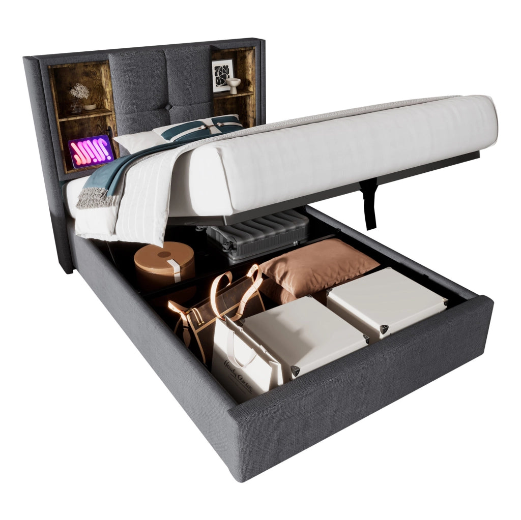Letto singolo imbottito 90x200 cm grigio in cotone con contenitore; ricarica wireless e USB