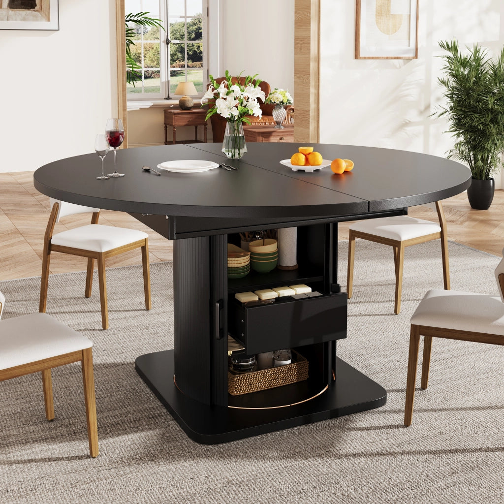 Tavolo da pranzo estensibile a 4 modalità con spazio contenitivo; per cucina e soggiorno; in MDF nero; 118 × 118 × 76 cm