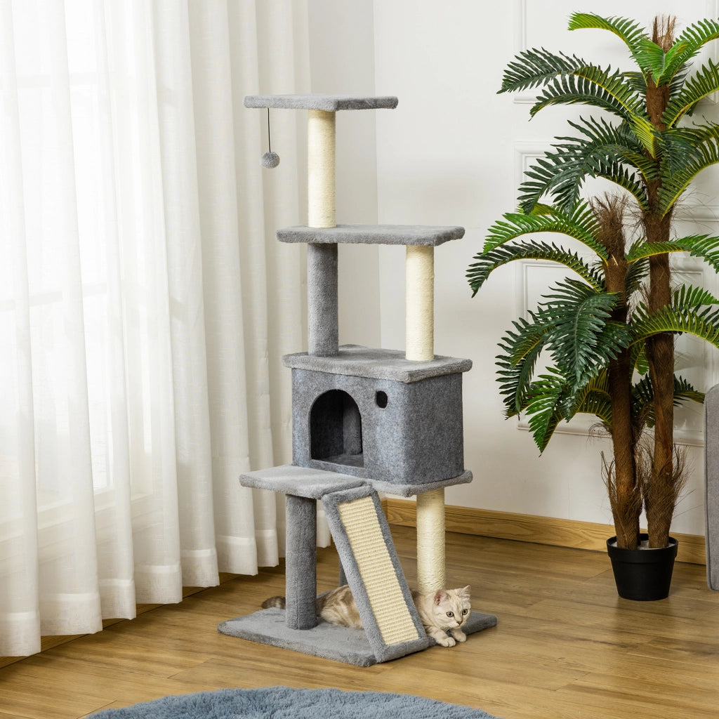 Albero Tiragraffi Multilivello con Casetta. Scala. Pallina e Pali in Sisal. 48x48x125 cm. Grigio