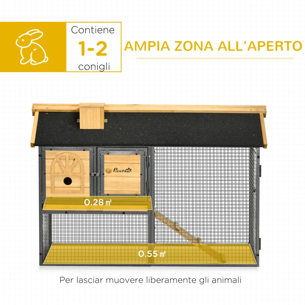 EasyComfort Conigliera da Esterno a 2 Livelli in Legno di Abete e Acciaio con Vassoio Rimovibile, 120x55.5x80 cm