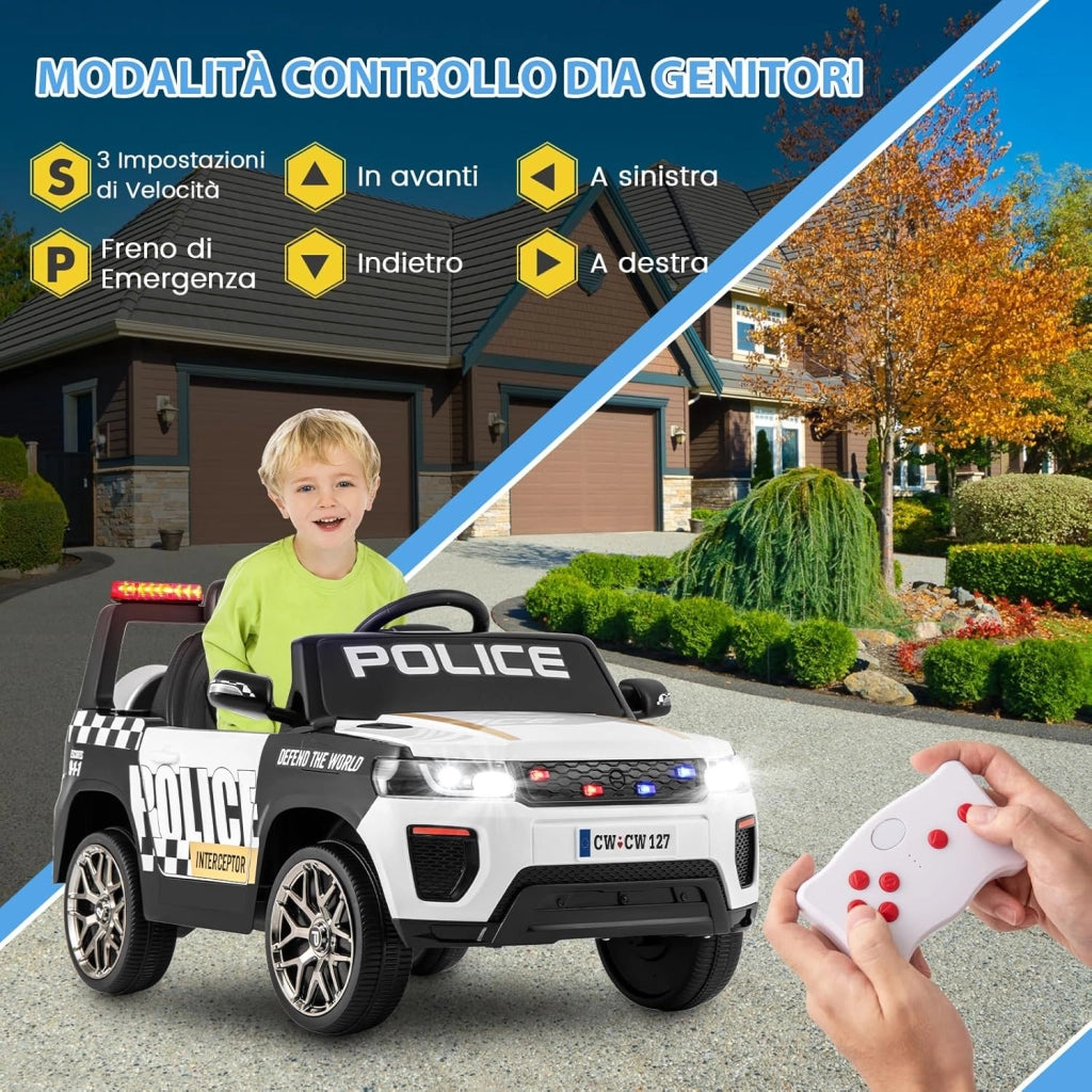 Auto della Polizia per Bambini, Macchina Elettrica 12V con Telecomando Connessione Wireless Musica Clacson Sirena e Luci LED, per Bambini 3-8 Anni