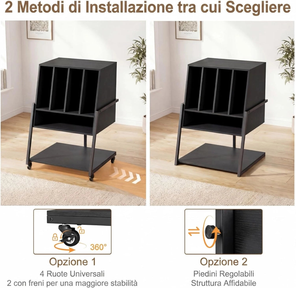 Supporto per Giradischi, Mobile Porta Giradischi con 4 Scomparti e Ripiani Aperti, Scaffale per Dischi in Legno con Ruote e Piedini Regolabili (Nero, Nessuna Presa di Corrente)