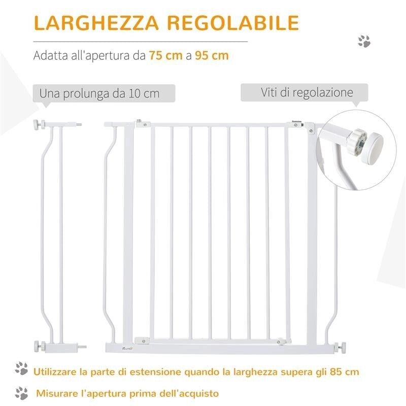 CANCELLETTO PER CANI A LARGHEZZA REGOLABILE CON DOPPIO BLOCCO, IN ACCIAIO E ABS, 76X75-95 CM, BIANCO