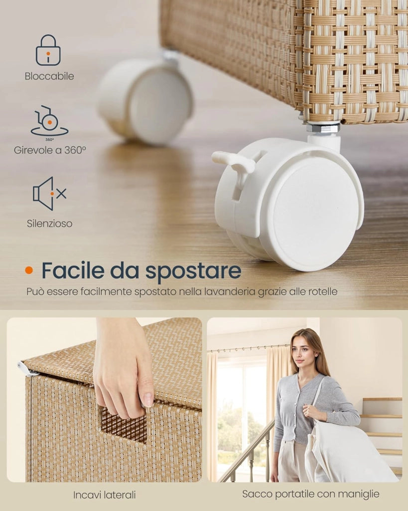 Cesto Portabiancheria a 2 Scomparti, Carrello Biancheria Sporca 100 L con Ruote Coperchio, Sacco con Manici, Effetto Rattan, Lavanderia Bagno, Beige Naturale e Bianco Opaco LCB601N01