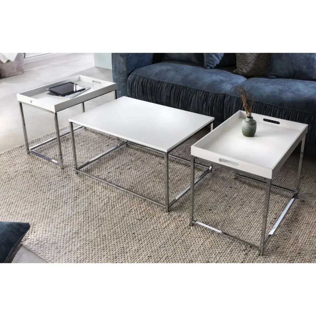 Tavolini bassi nidificati VORTEX bianco opaco e metallo argentato - set di 3 design moderno