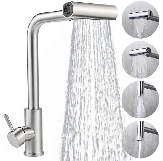 Cieex Uittrekbare Kraan per Cucina, Kraan per Cucina ad Alta Pressione 360° Rotativo, Mengkraan con 4 Posizioni Spray per Vasca da Bagno, Kraan per Cucina Uittrekbare (Acciaio Inossidabile)