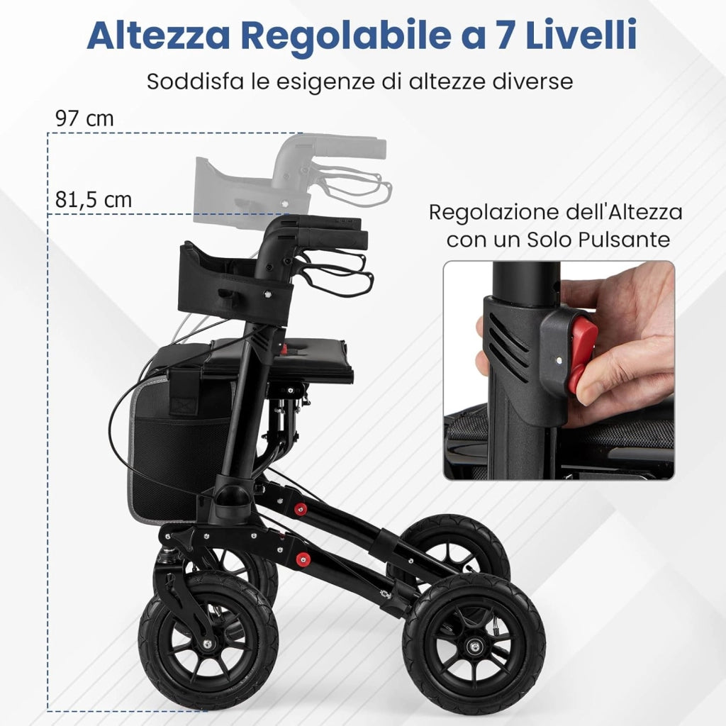 Deambulatore Pieghevole per Anziani in Alluminio, Rollator Regolabile in Altezza con Seduta, Schienale e Freni, Girello per Anziani con Borsetta, Carico Massimo 140 kg (Nero)
