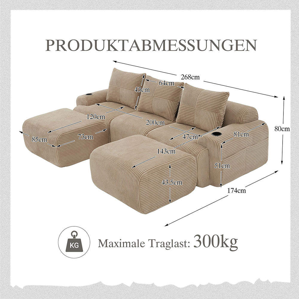 Divano modulare in velluto costato per 3 persone - Xylo - 2 sgabelli porta bevande e tasca laterale