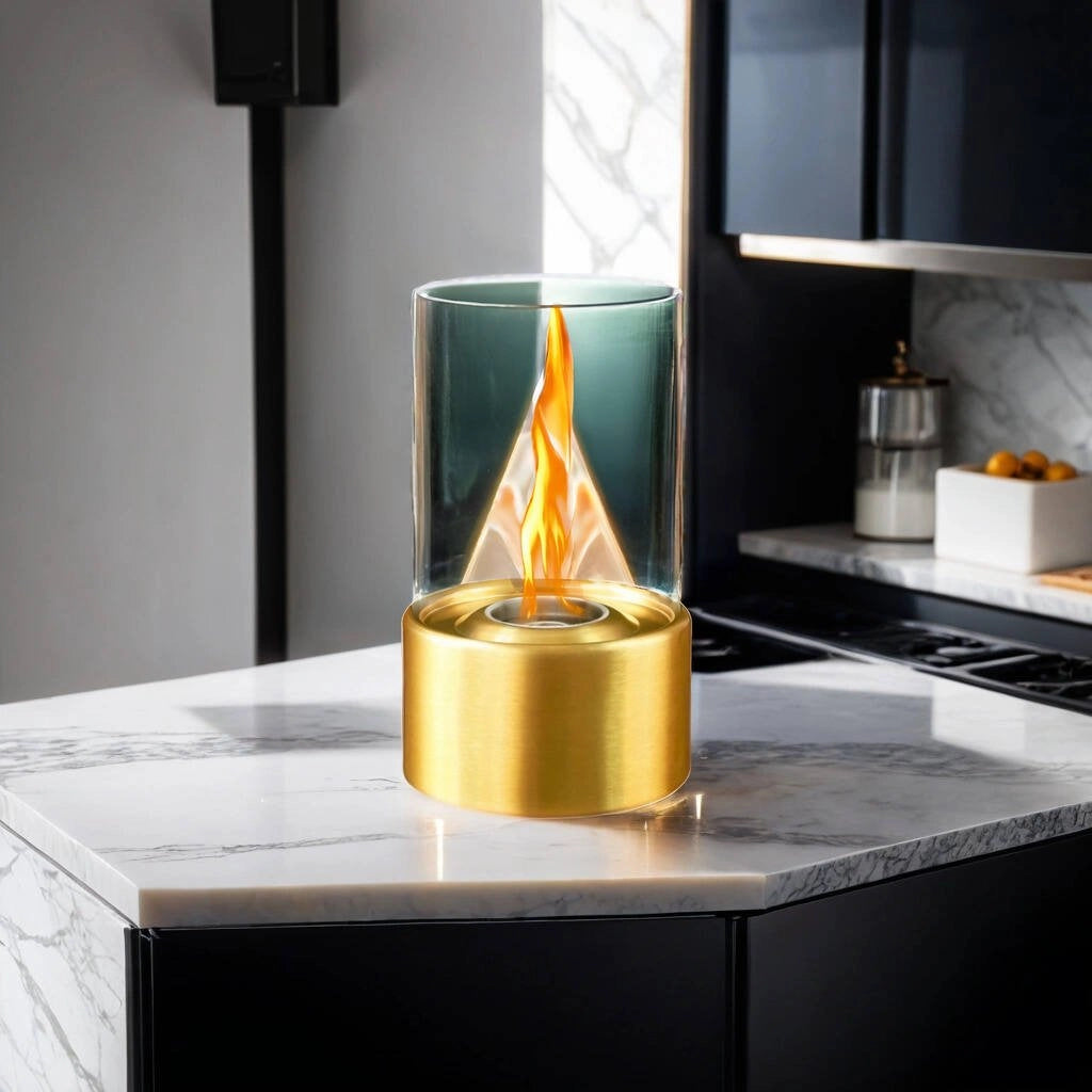 Camino a bioetanolo Taipei, Caminetto ecologico, Focolare senza fumo, Riscaldatore ad etanolo, Made in Italy, 16x16 h29 cm, Oro e Trasparente