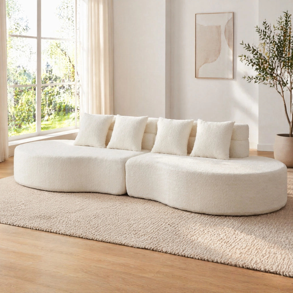Divano modulare a 2 pezzi in chenille beige con schienale a strati e design curvo senza telaio