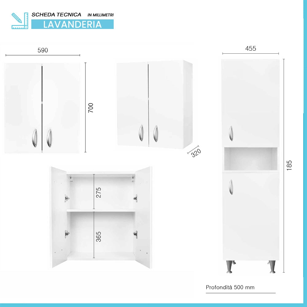 Set lavanderia con lavatoio colonna e pensile in legno bianco Fedra