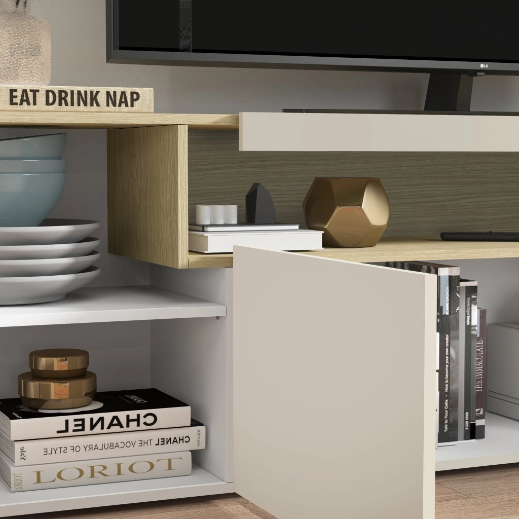 WHOUS Mobile porta TV Real con 4 ante e 1 vano aperto cashmere e rovere chiaro 240x40x60 cm