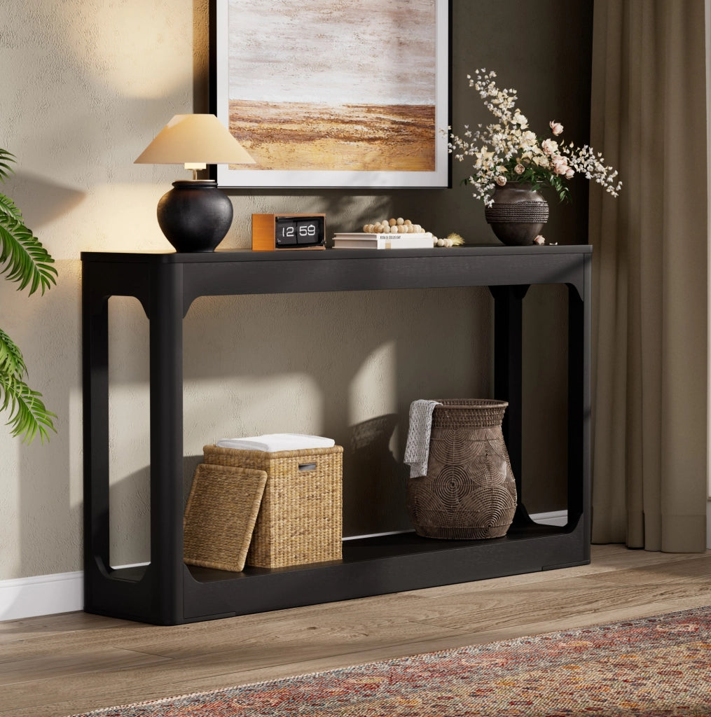 Tavolo consolle stretto nero 140 cm con ripiani aperti