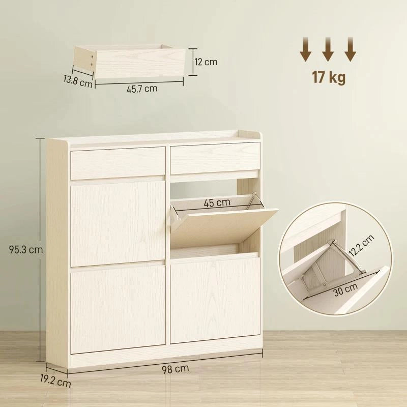 SCARPIERA SLIM IN LEGNO CON 4 CASSETTI A RIBALTA E 2 CASSETTI SCORREVOLI, 98X19.2X95.3 CM, BIANCO