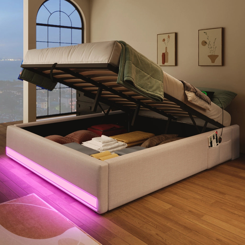 Letto contenitore 140x200 cm con LED multicolore e vano idraulico in lino beige