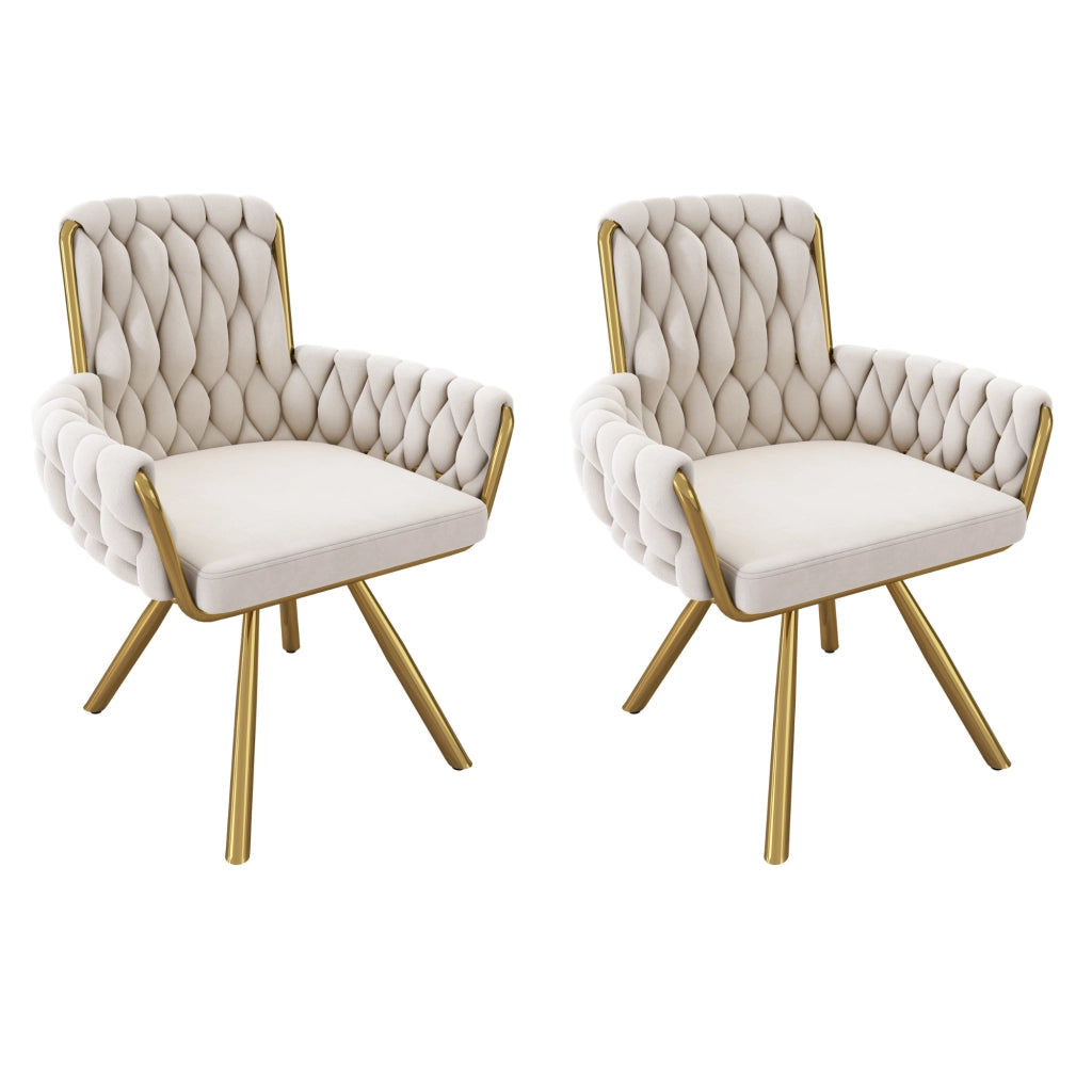 Set 2 sedie da pranzo girevoli in velluto beige con schienale alto, braccioli e struttura in metallo