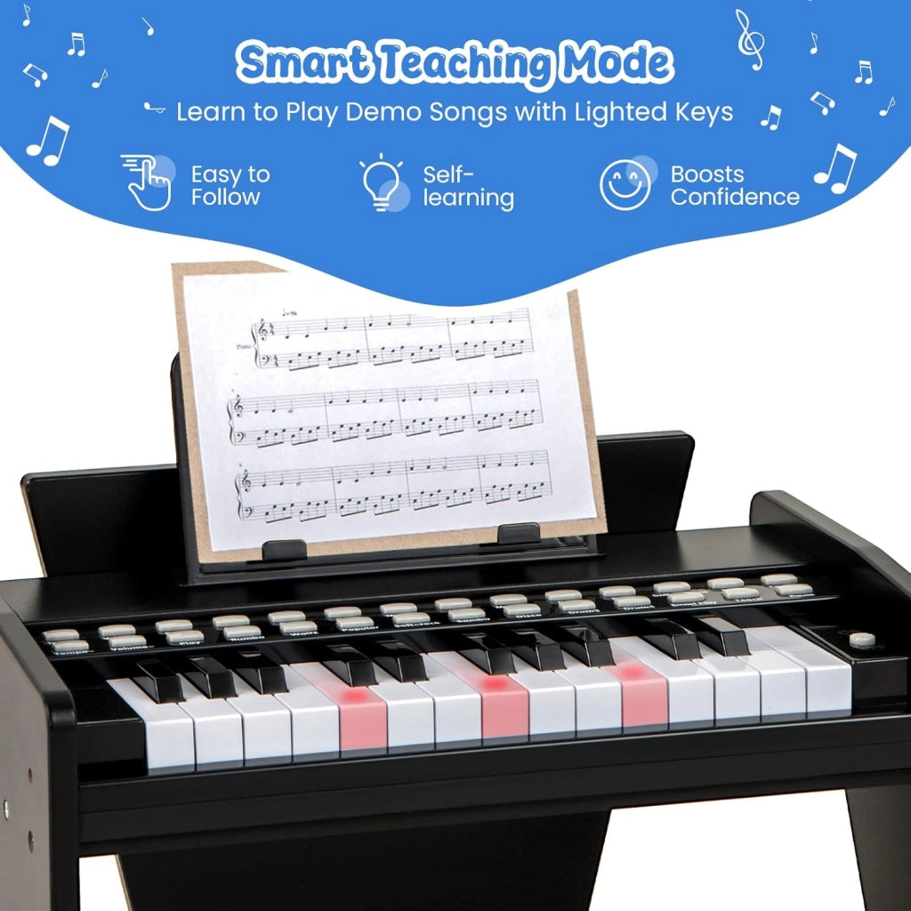 Tastiera a 25 tasti per bambini, pianoforte elettronico con tasto luminoso e leggio, pianoforte digitale per bambini di 18+ mesi, registrazione e lettura, modalità di apprendimento (nero)