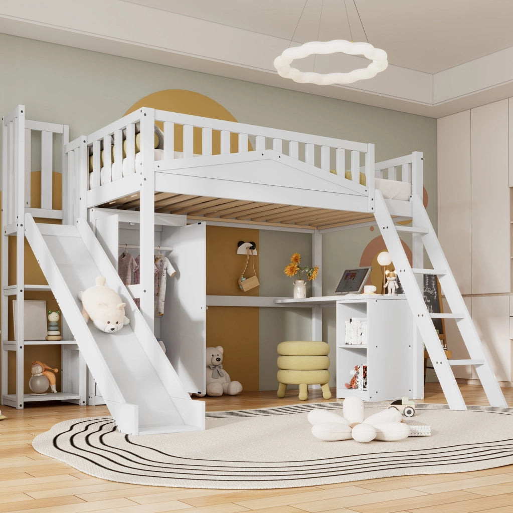 Letto a castello multifunzione con scivolo, scrivania, armadio e ripiani