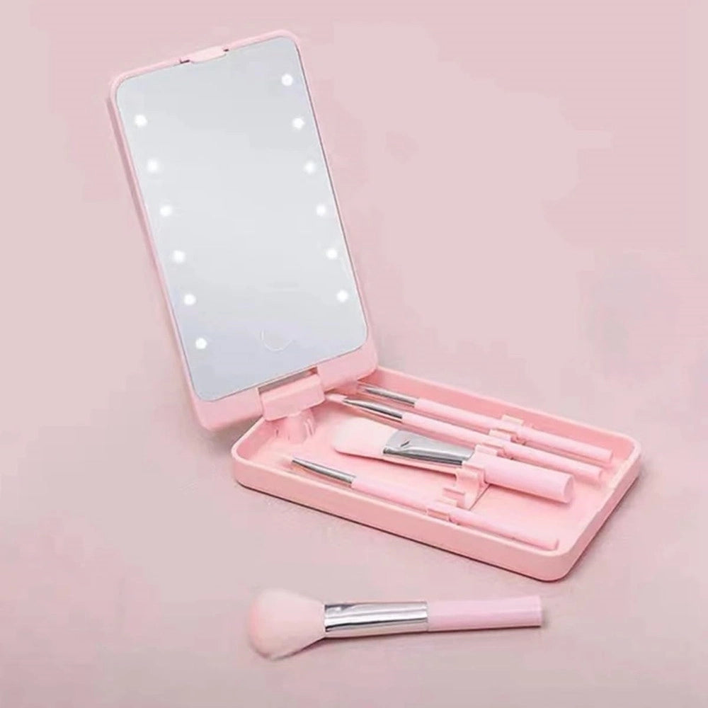 Trade Shop - Specchio Per Trucco Portatile Con Set Pennelli Rotazione 360° Luci Led Ricaricabile Touch -