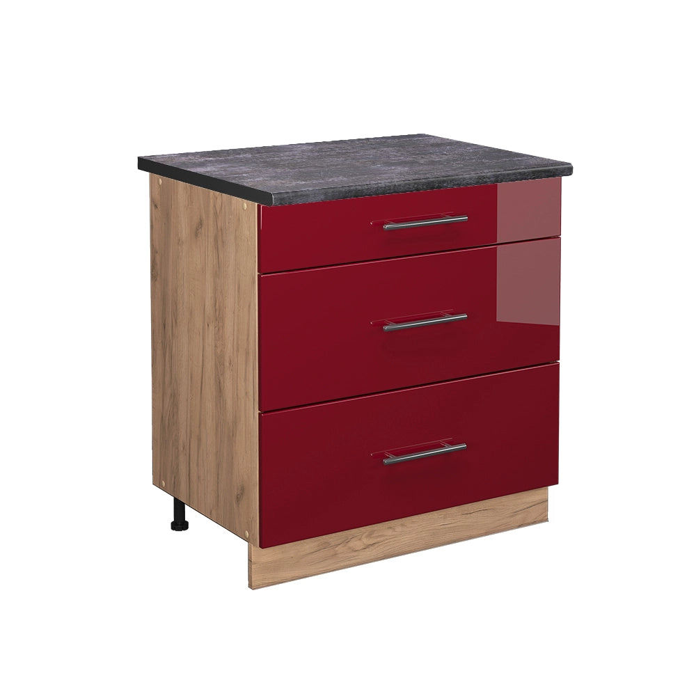 Mobiletto base per cucina Fame-Line Bordeaux lucido/Rovere dorato 80 cm con 3 cassetti, PL Antracite Vicco