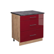 Mobiletto base per cucina Fame-Line Bordeaux lucido/Rovere dorato 80 cm con 3 cassetti, PL Antracite Vicco