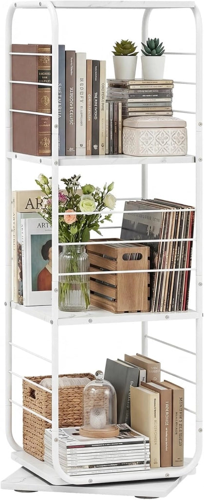 Libreria Girevole a 4 Ripiani, Torretta Libreria Rotante a 360° con Struttura in Metallo, Scaffale d'Angolo Salvaspazio per Casa, Ufficio e Soggiorno, 40x40x115 cm (Bianco)