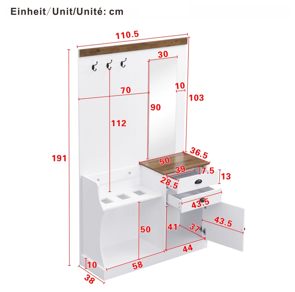 Set guardaroba con specchio e cassetti 110,5x38x191 cm