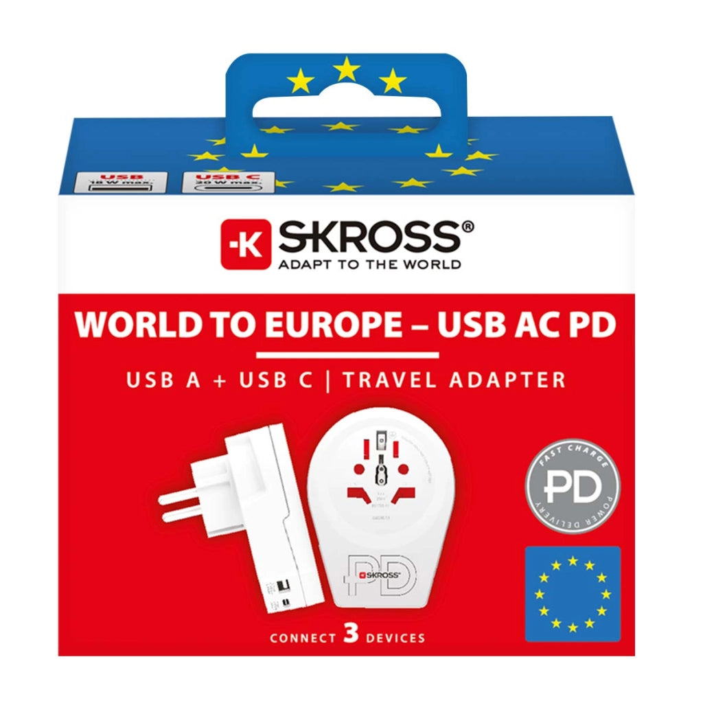 Adattatore Caricatore da Viaggio USB 18W e USB-C 20W Power Delivery Mondo a Europa Bianco Skross