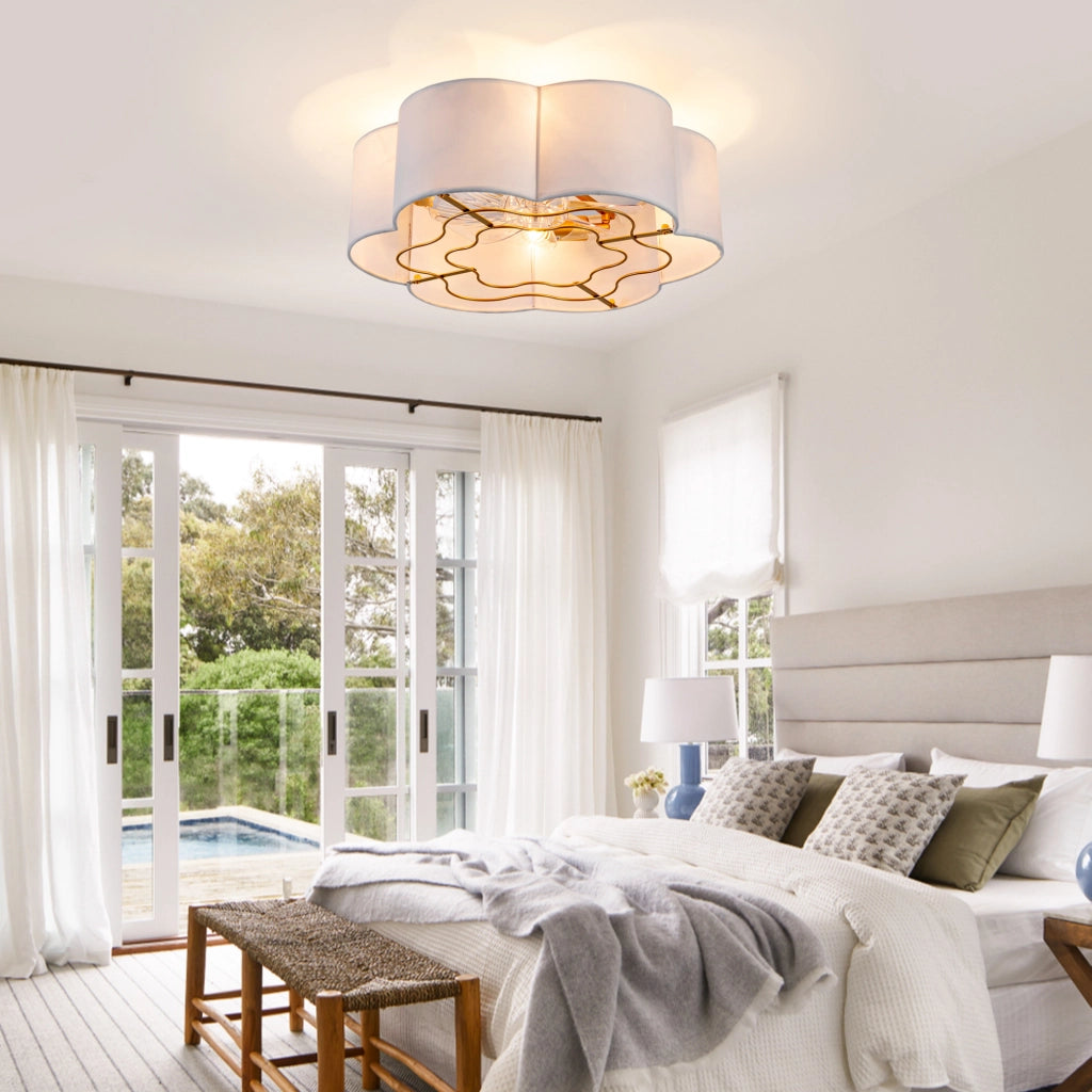 Ventilatore da soffitto con luce a 6 velocità e paralume floreale; oro e bianco