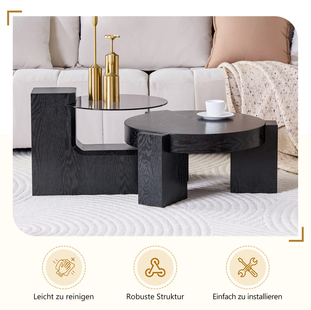 Tavolino da caffè rotondo a due livelli in MDF effetto legno nero e vetro grigio; 61 cm