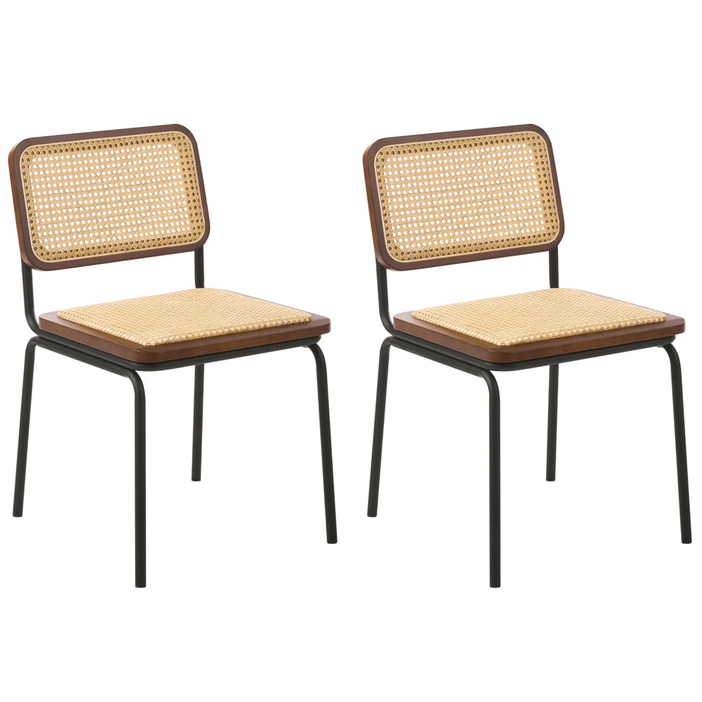 Set di 2 sedie da pranzo con seduta e schienale in rattan PE marrone gambe in ferro senza braccioli cappucci protettivi design boho moderno