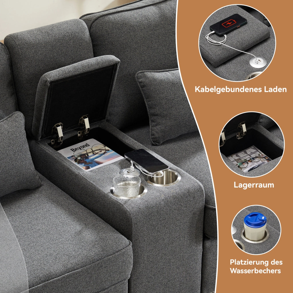 SOFA 4 posti 290x83x88 cm in lino grigio scuro con console, USB e 4 cuscini