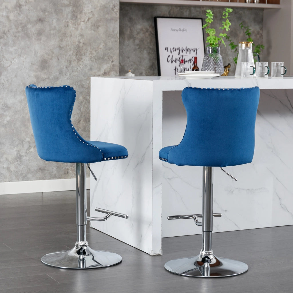 Sgabelli da Bar Girevoli in Velluto con Schienale ¨C Xylo ¨C Blu, Altezza Regolabile, Set di 2